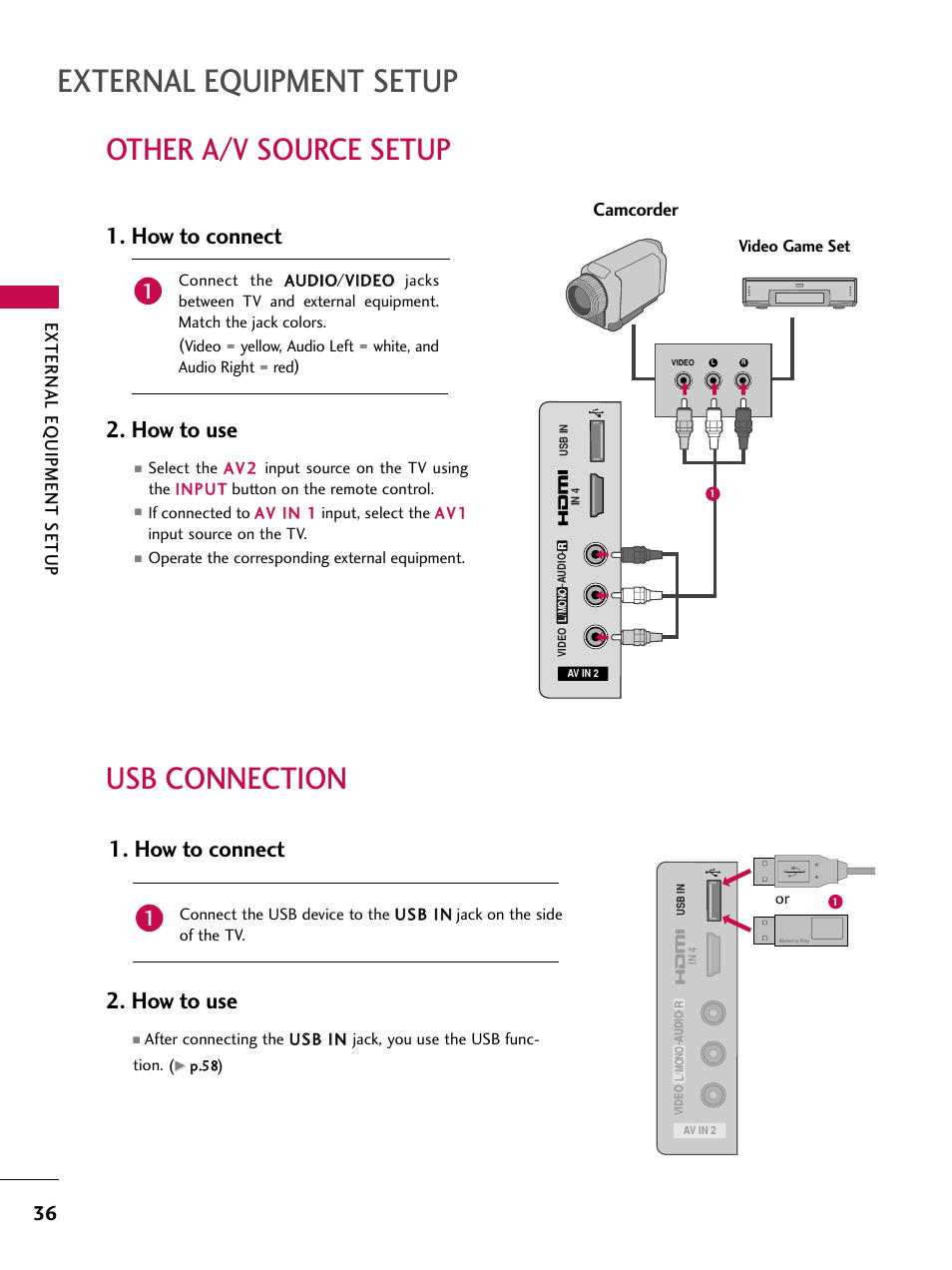 Other a/v source setup, Usb connection, External equipment setup | Other a/v source setup usb connection, How to connect, How to use, How to connect 2. how to use, External eq uipment setup, Camcorder | LG 47SL90 User Manual | Page 36 / 140