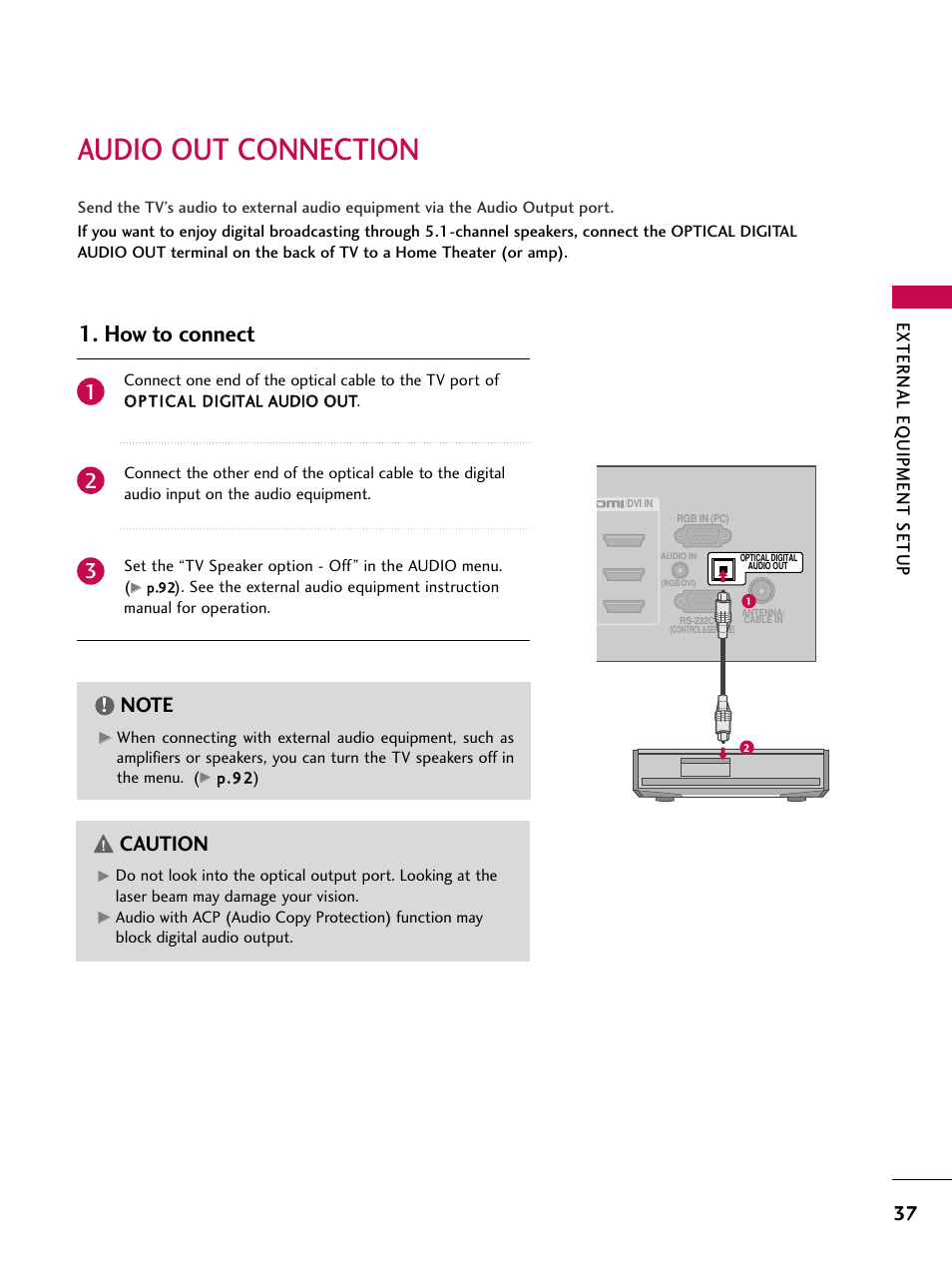 Audio out connection, How to connect, Caution | External eq uipment setup | LG 47SL90 User Manual | Page 37 / 140