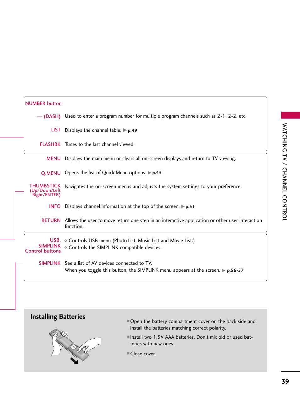 Installing batteries, Wa tching tv / channel contr ol | LG 47SL90 User Manual | Page 39 / 140