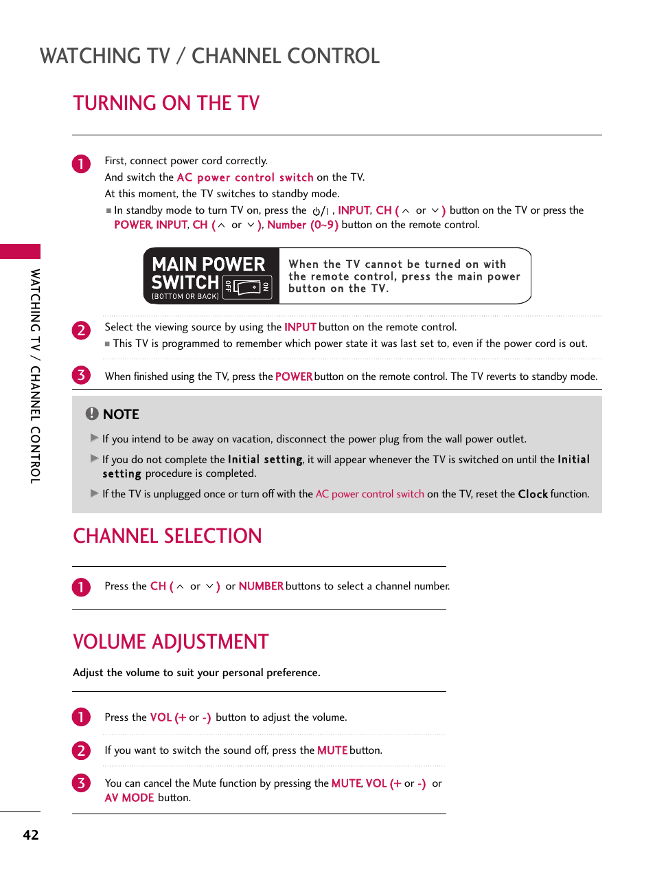 Turning on the tv, Channel selection, Volume adjustment | Watching tv / channel control, Volume adjustment channel selection | LG 47SL90 User Manual | Page 42 / 140