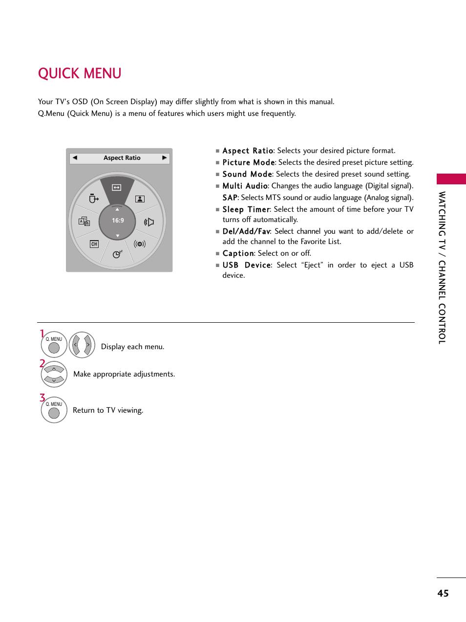 Quick menu, Wa tching tv / channel contr ol | LG 47SL90 User Manual | Page 45 / 140