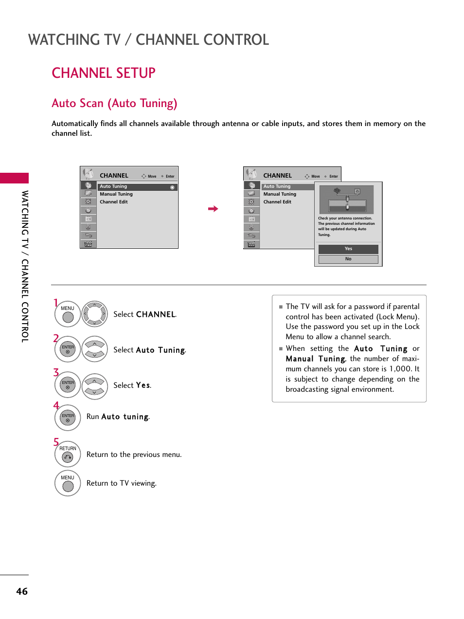 Channel setup, Auto scan (auto tuning), Watching tv / channel control | Wa tching tv / channel contr ol | LG 47SL90 User Manual | Page 46 / 140