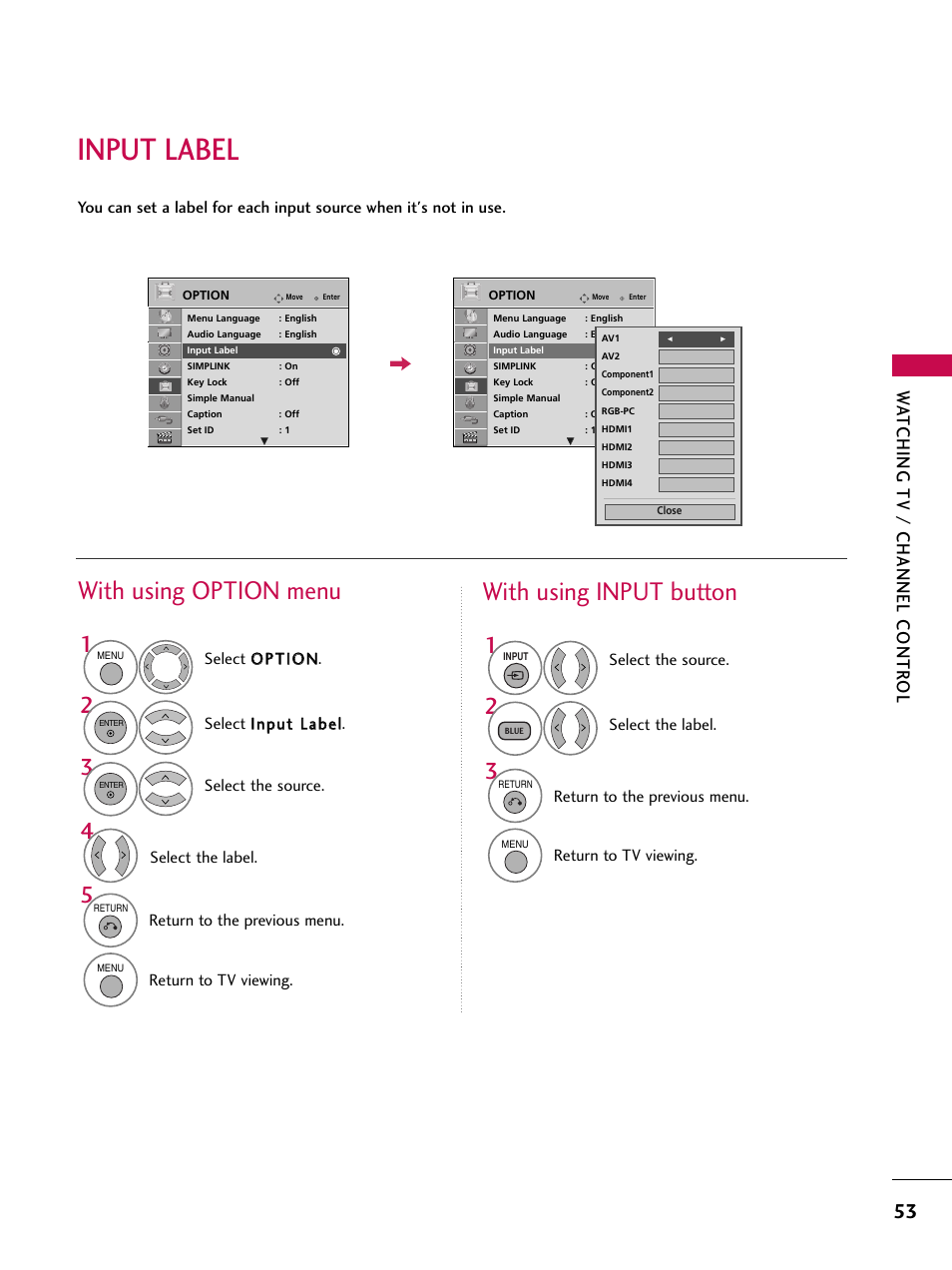 Input label, With using option menu, With using input button | Wa tching tv / channel contr ol | LG 47SL90 User Manual | Page 53 / 140