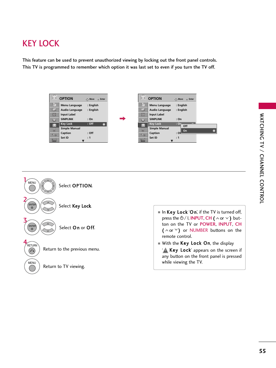 Key lock, Wa tching tv / channel contr ol | LG 47SL90 User Manual | Page 55 / 140