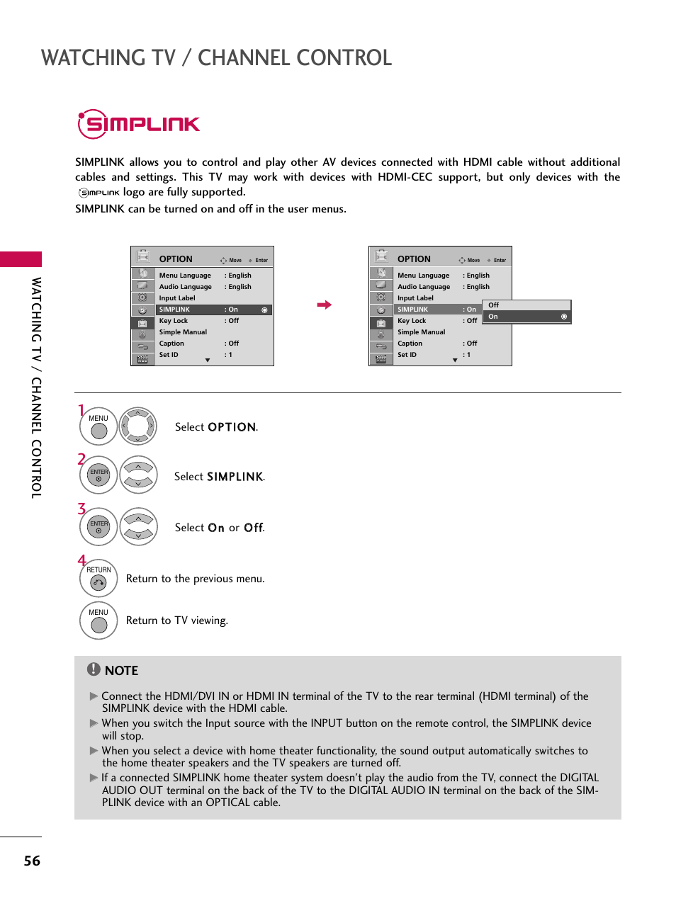 Simplink, Watching tv / channel control, Wa tching tv / channel contr ol | LG 47SL90 User Manual | Page 56 / 140