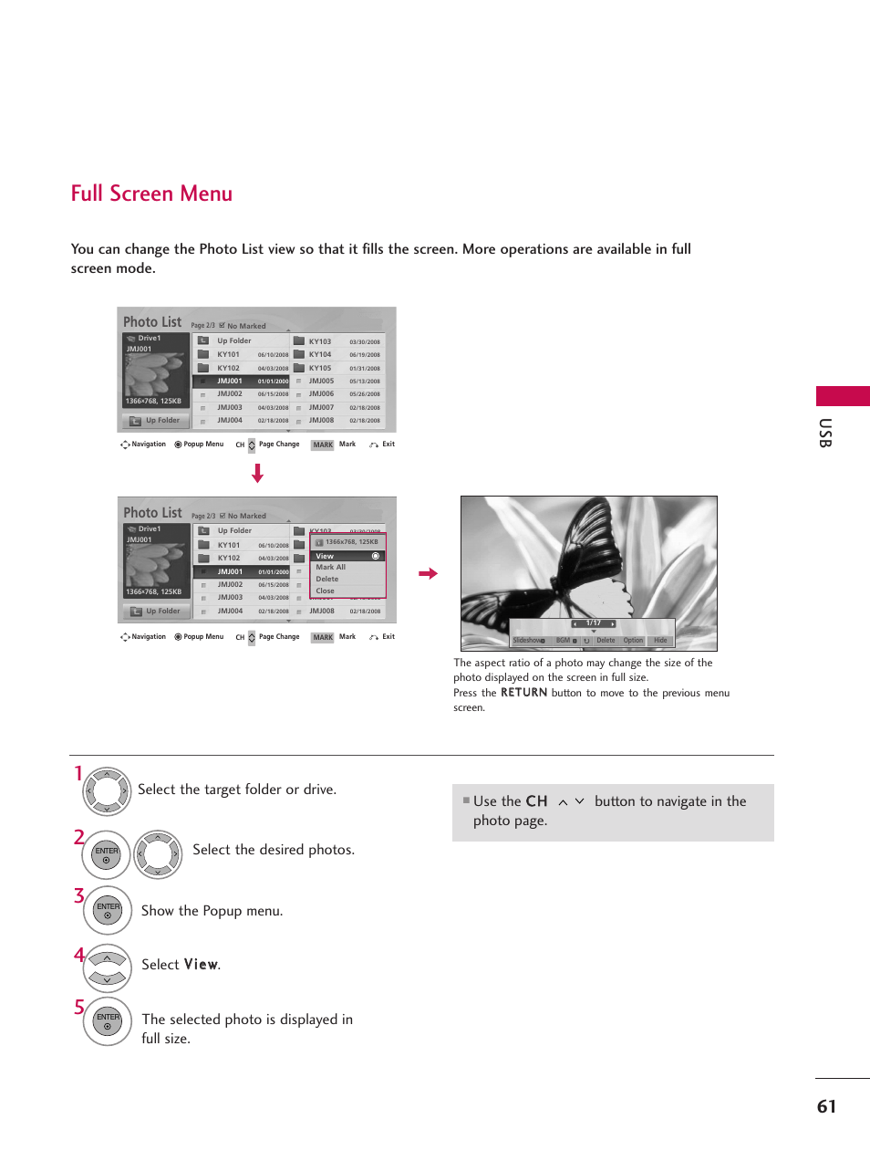 Full screen menu, Photo list | LG 47SL90 User Manual | Page 61 / 140