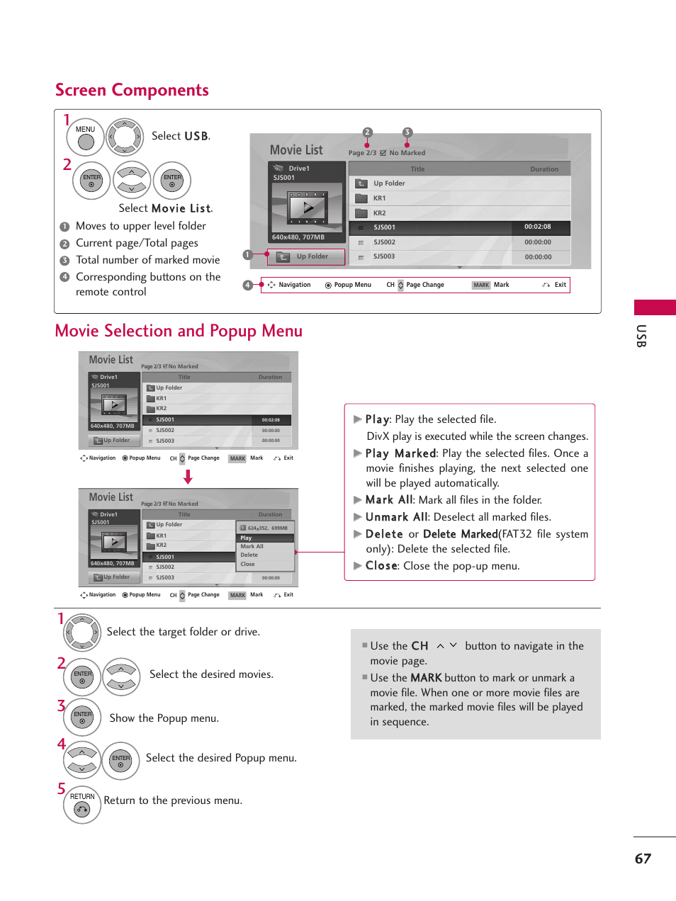 Screen components, Movie selection and popup menu, Movie list | Return to the previous menu, Cc ll o o ss ee: close the pop-up menu | LG 47SL90 User Manual | Page 67 / 140