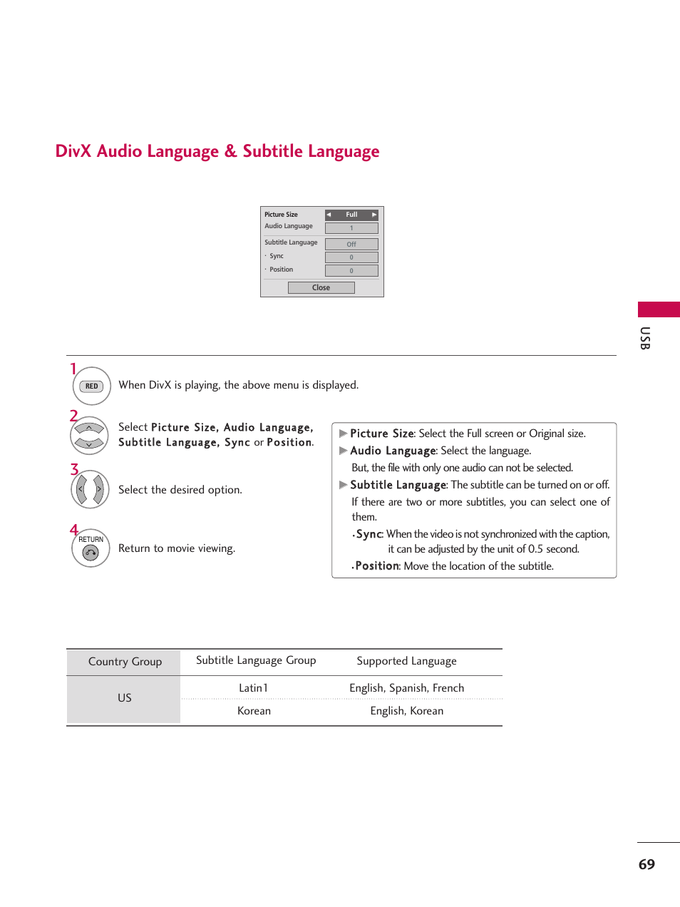Divx audio language & subtitle language | LG 47SL90 User Manual | Page 69 / 140