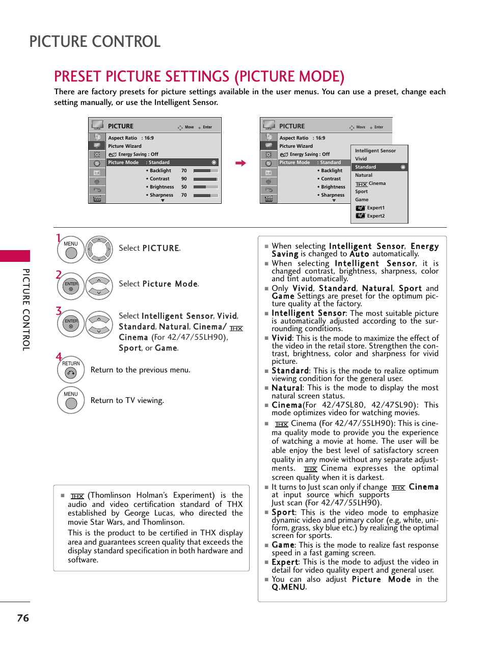 Preset picture settings (picture mode), Picture control, Picture contr ol | LG 47SL90 User Manual | Page 76 / 140