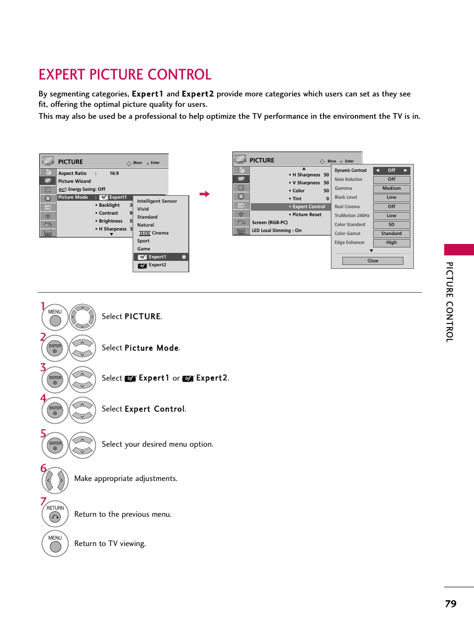 Expert picture control, Picture contr ol, Make appropriate adjustments | Return to the previous menu, Return to tv viewing, Select your desired menu option | LG 47SL90 User Manual | Page 79 / 140