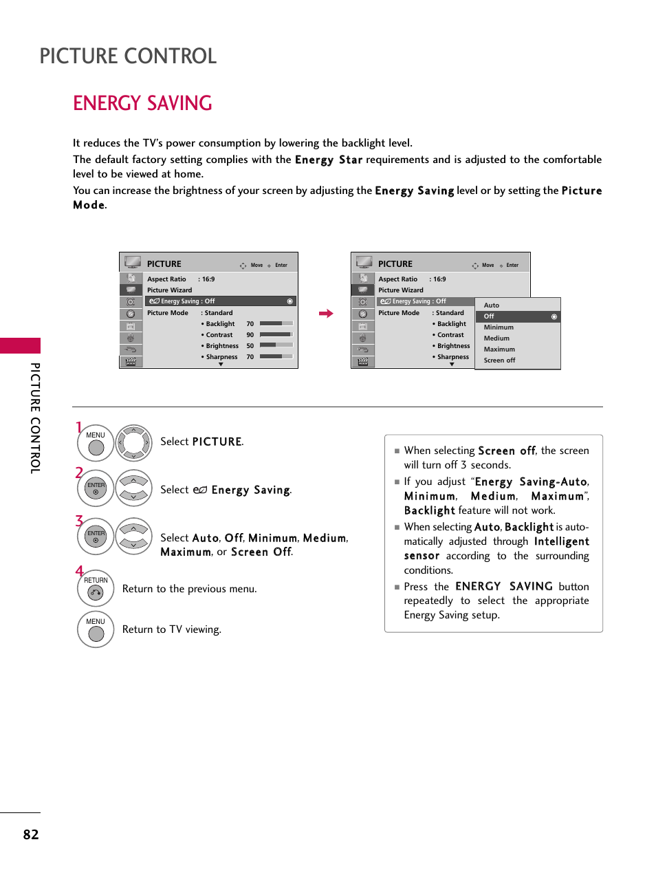 Energy saving, Picture control, Picture contr ol | LG 47SL90 User Manual | Page 82 / 140