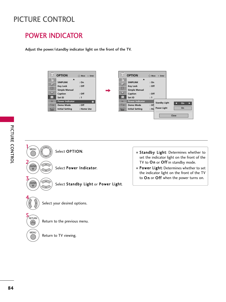 Power indicator, Picture control, Picture contr ol | LG 47SL90 User Manual | Page 84 / 140