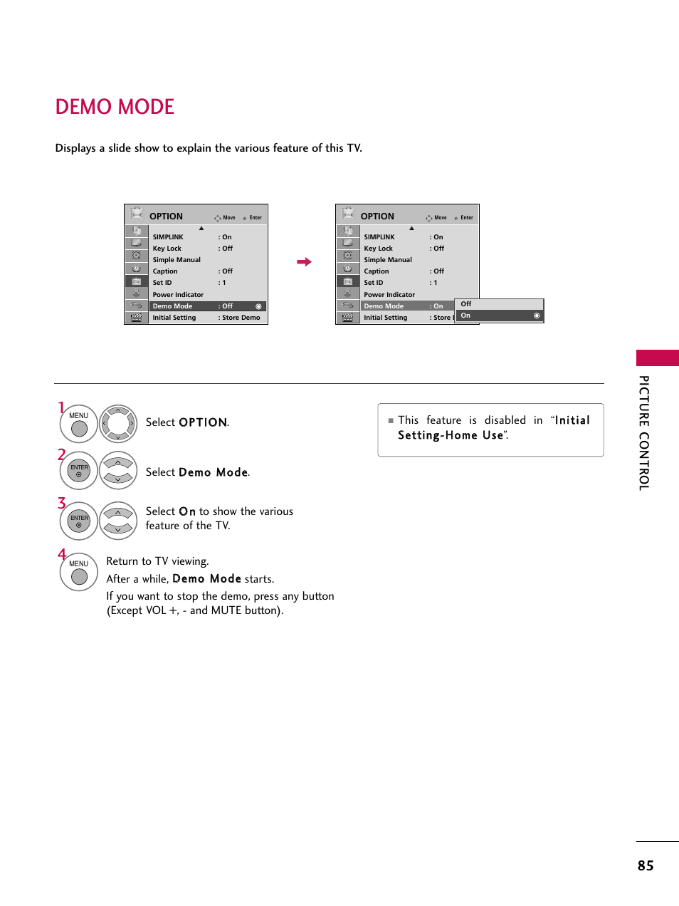 Demo mode, Picture contr ol | LG 47SL90 User Manual | Page 85 / 140