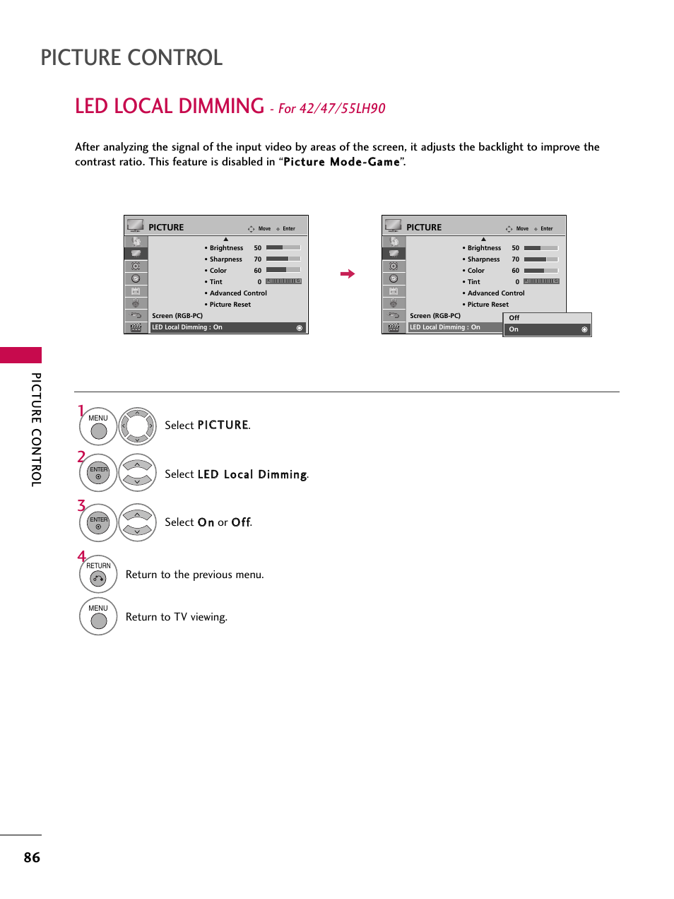 Led local dimming - for 42/47/55lh90, Picture control, Led local dimming | Picture contr ol | LG 47SL90 User Manual | Page 86 / 140