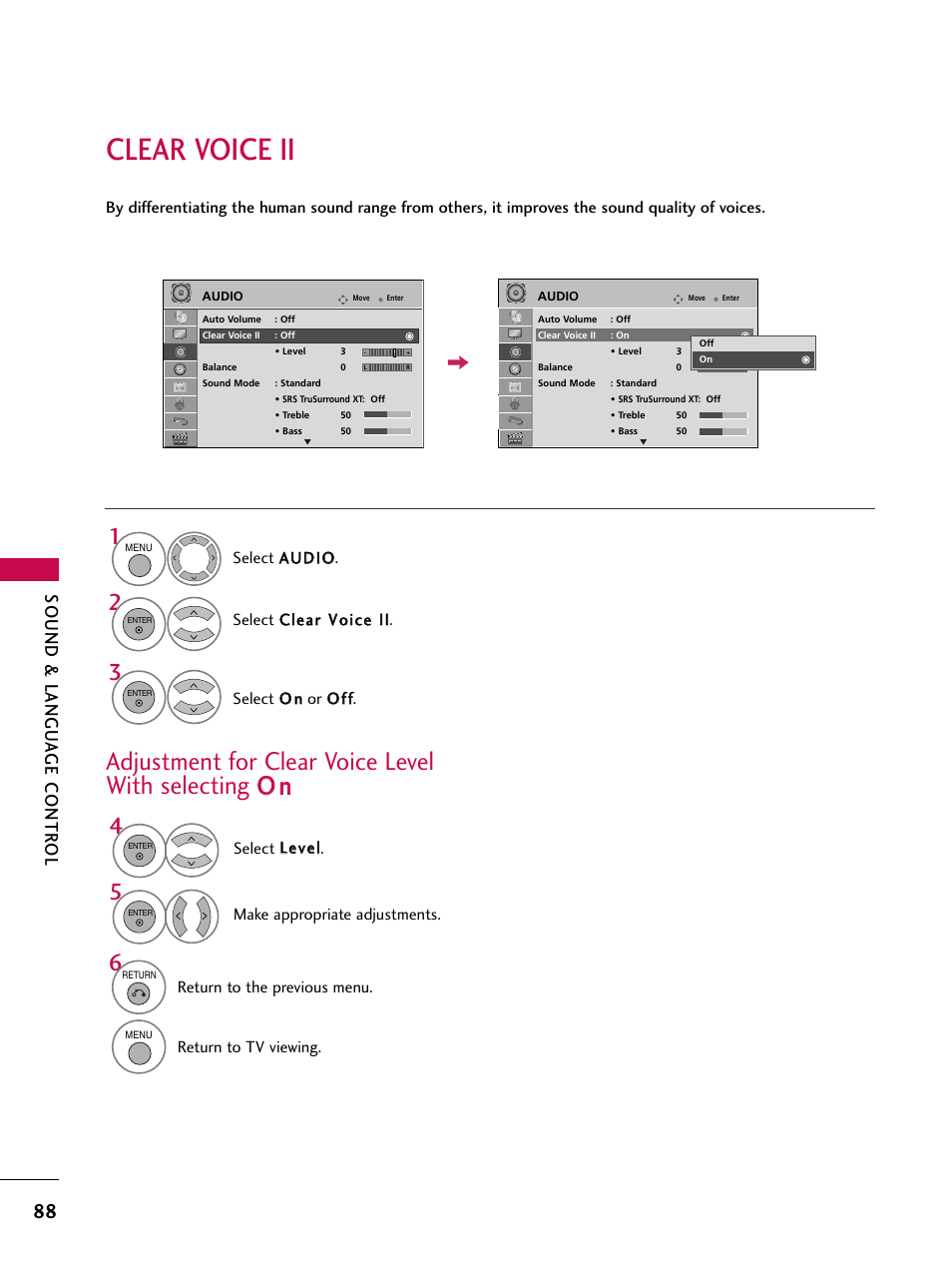 Clear voice ii, Sound & langu a ge contr ol | LG 47SL90 User Manual | Page 88 / 140