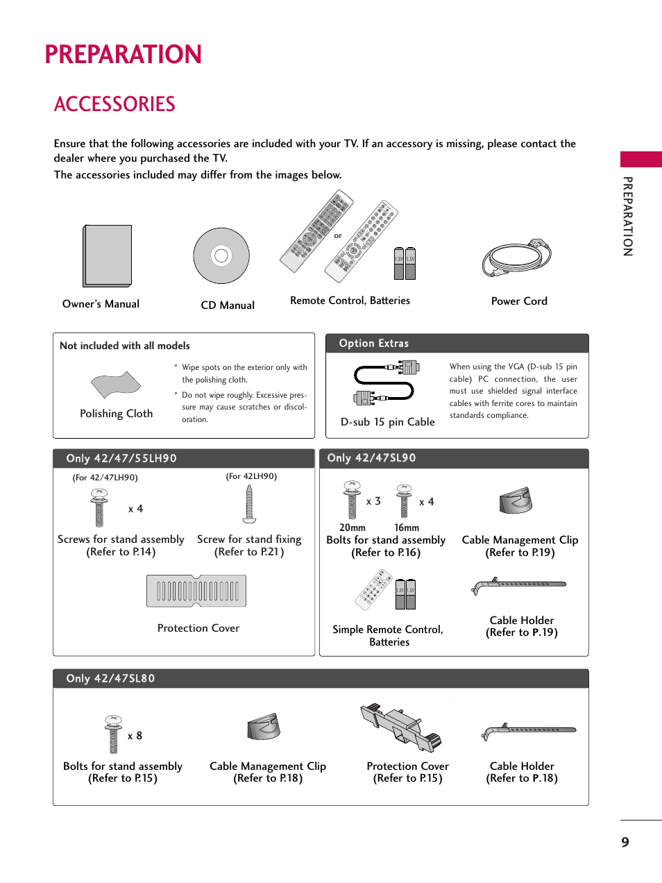Preparation, Accessories, Prep ar a tion | Remote control, batteries, X 3 x 4, 20mm 16mm | LG 47SL90 User Manual | Page 9 / 140