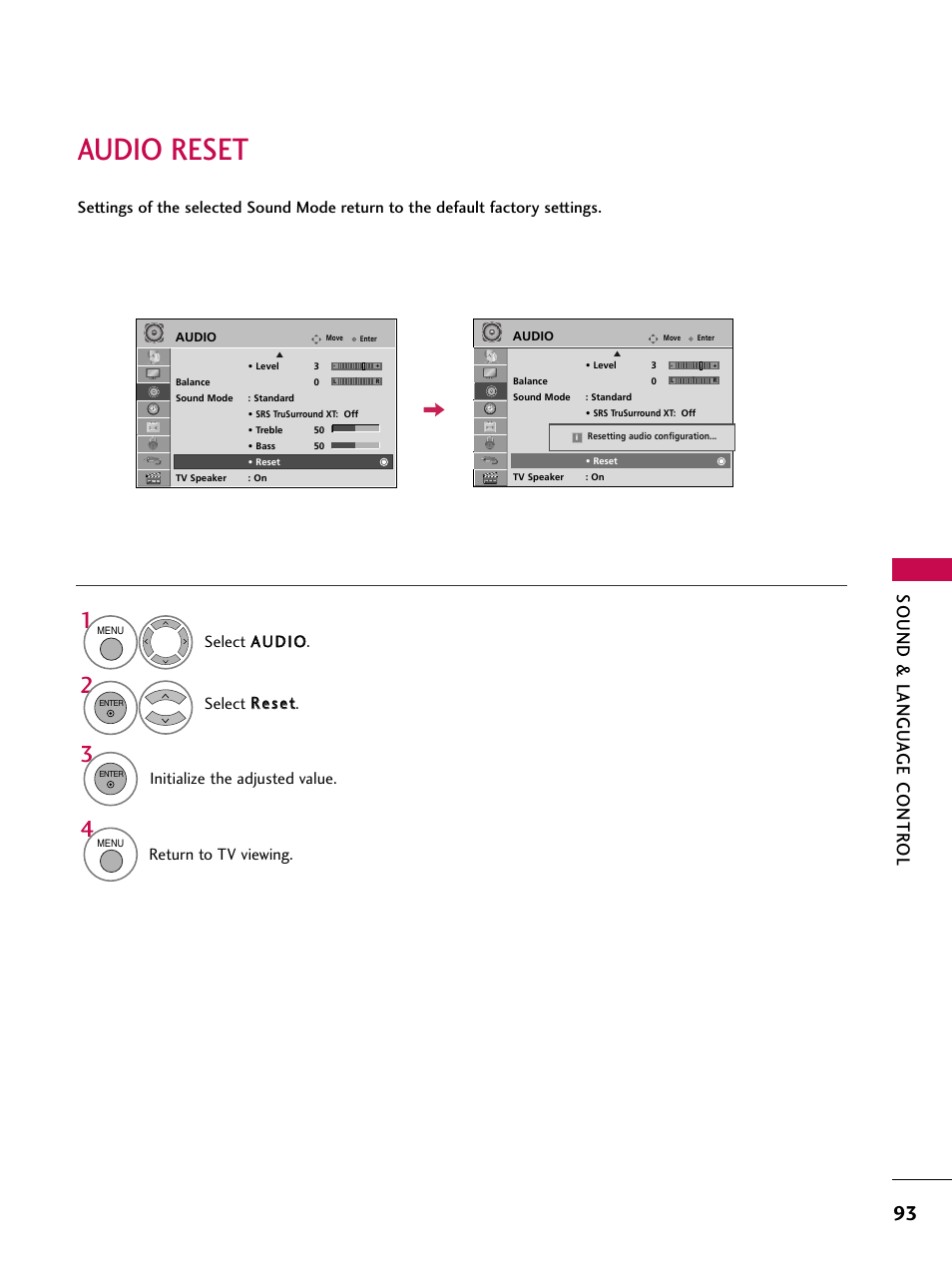 Audio reset, Sound & langu a ge contr ol, Initialize the adjusted value | Return to tv viewing | LG 47SL90 User Manual | Page 93 / 140