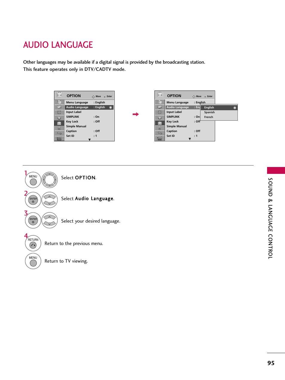 Audio language, Sound & langu a ge contr ol | LG 47SL90 User Manual | Page 95 / 140