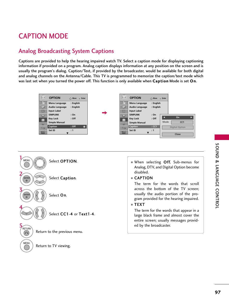 Caption mode, Analog broadcasting system captions, Sound & langu a ge contr ol | LG 47SL90 User Manual | Page 97 / 140