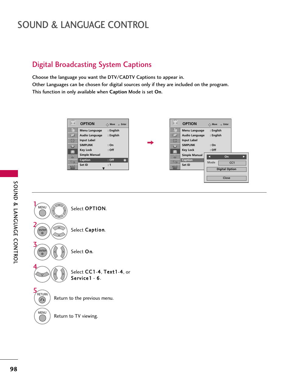 Digital broadcasting system captions, Sound & language control, Sound & langu a ge contr ol | LG 47SL90 User Manual | Page 98 / 140