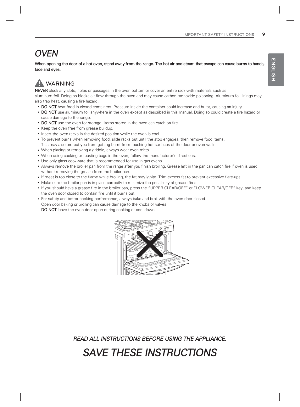 Save these instructions, Oven, Warning | English, Read all instructions before using the appliance | LG LDG3017ST User Manual | Page 10 / 93