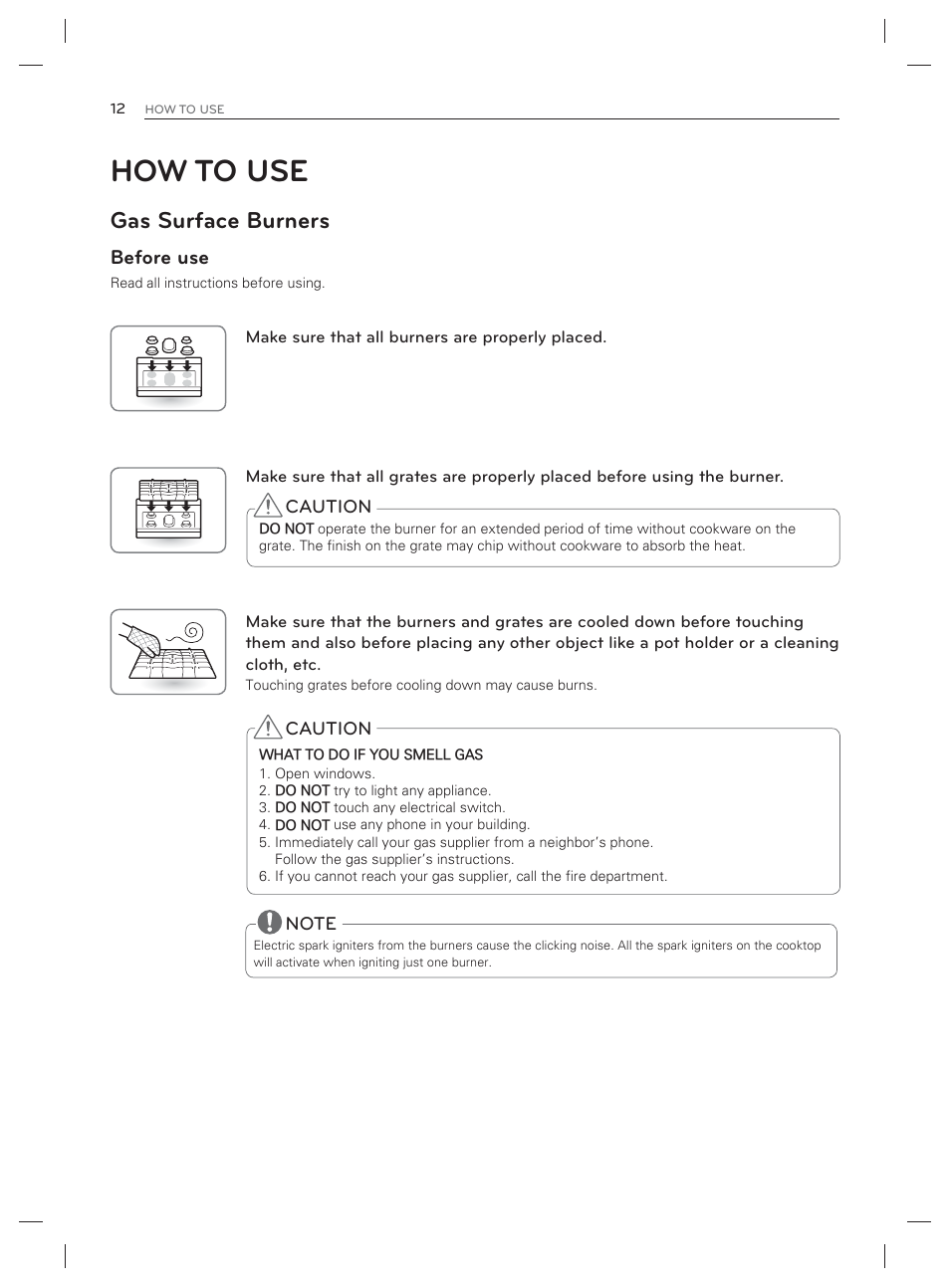 How to use, Gas surface burners, Before use | LG LDG3017ST User Manual | Page 13 / 93