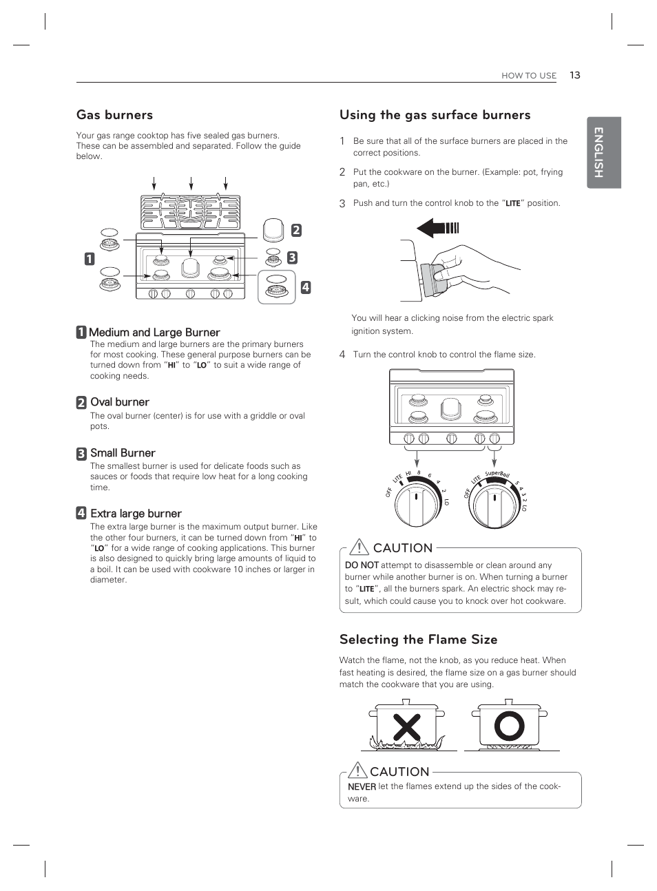 Gas burners, Using the gas surface burners, Selecting the flame size | Caution | LG LDG3017ST User Manual | Page 14 / 93