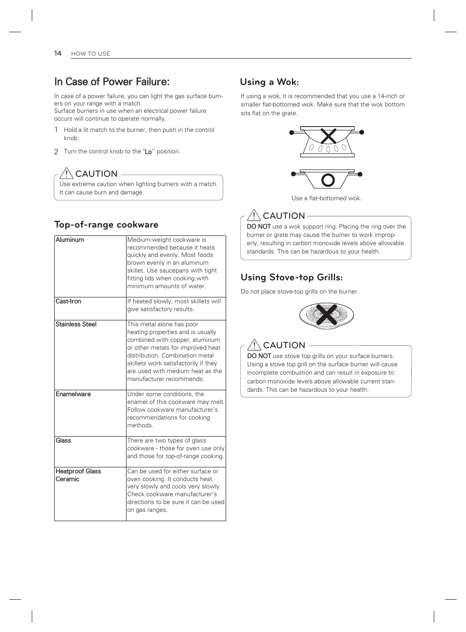 Top-of-range cookware, Using a wok: using stove-top grills, Caution | LG LDG3017ST User Manual | Page 15 / 93