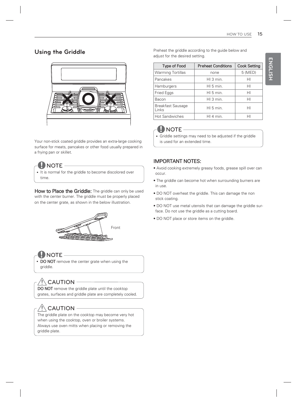 Using the griddle, Caution, English | LG LDG3017ST User Manual | Page 16 / 93