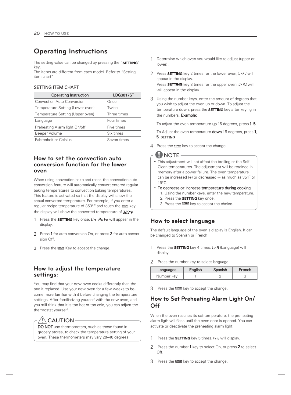 Operating instructions, How to select language, How to set preheating alarm light on/ off | How to adjust the temperature settings, Caution | LG LDG3017ST User Manual | Page 21 / 93