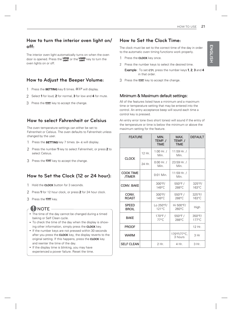 How to select fahrenheit or celsius, How to turn the interior oven light on/ off, How to adjust the beeper volume | How to set the clock (12 or 24 hour), How to set the clock time, English | LG LDG3017ST User Manual | Page 22 / 93