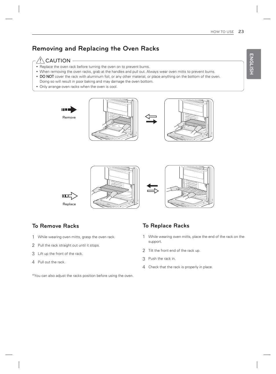 Removing and replacing the oven racks, Caution | LG LDG3017ST User Manual | Page 24 / 93