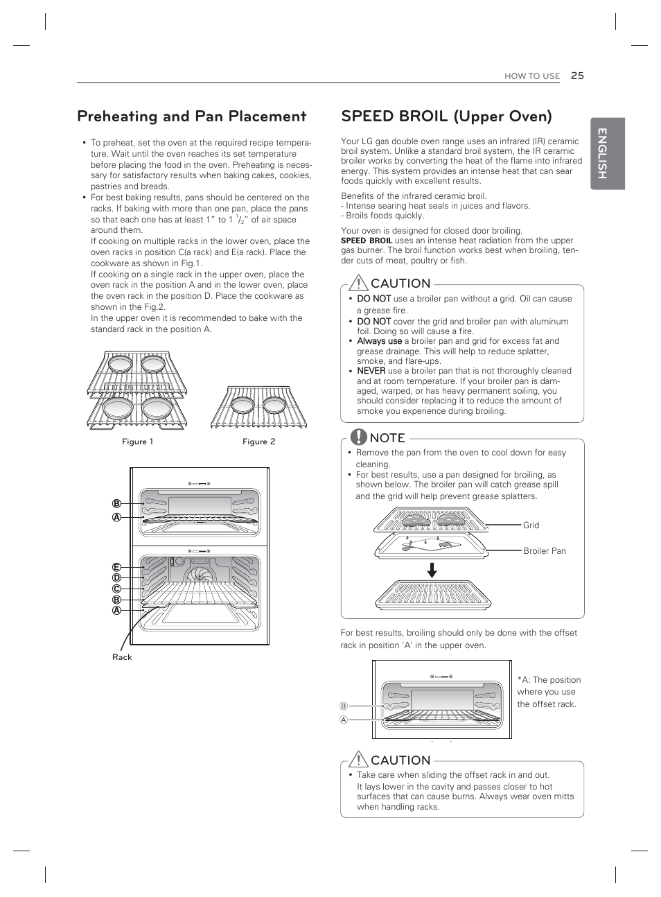 Preheating and pan placement, Speed broil (upper oven), Caution | English | LG LDG3017ST User Manual | Page 26 / 93