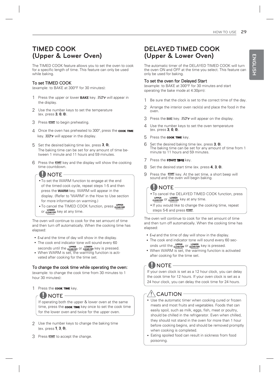 Timed cook (upper & lower oven), Delayed timed cook (upper & lower oven), Caution | English | LG LDG3017ST User Manual | Page 30 / 93