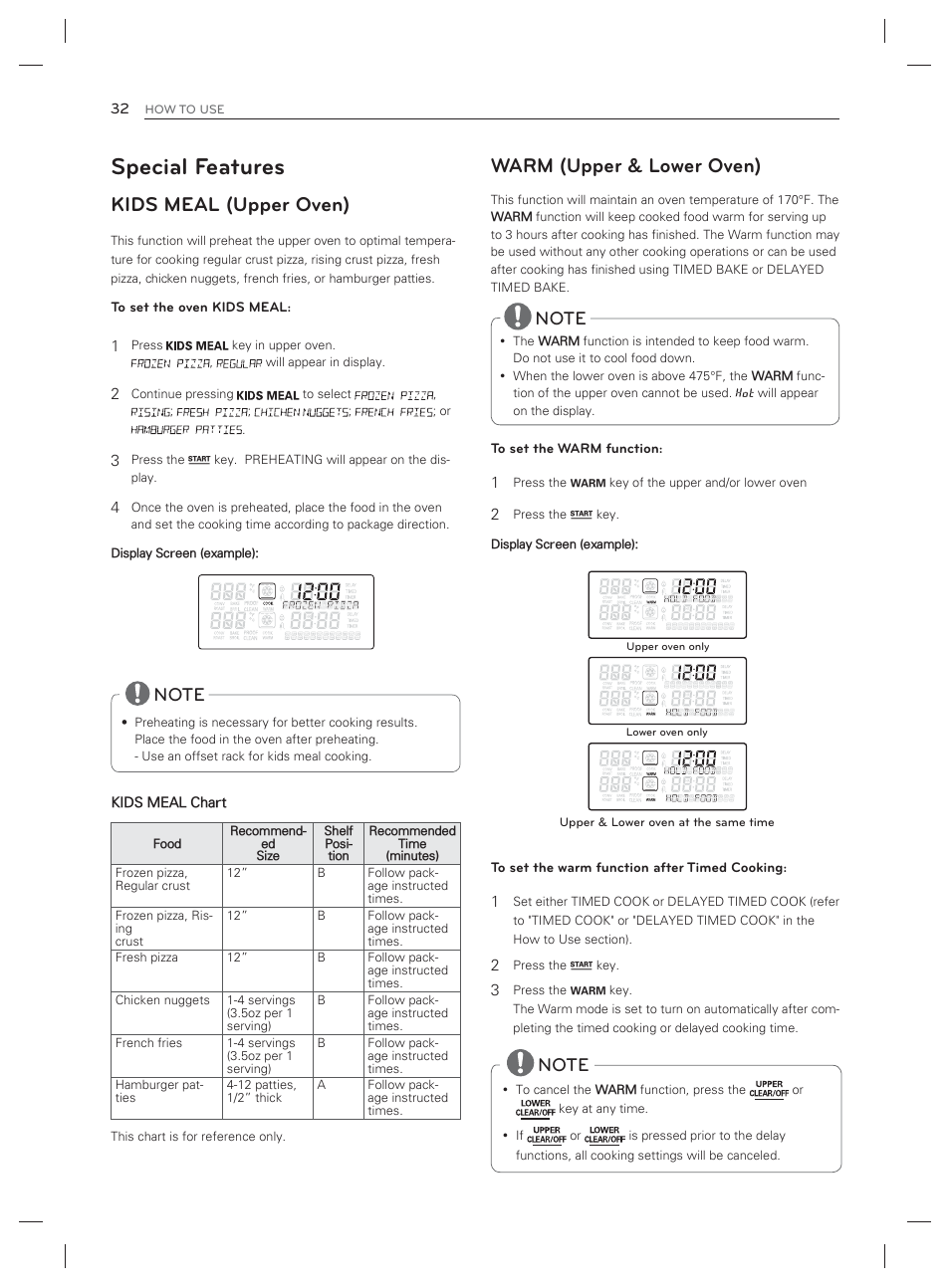 Special features, Kids meal (upper oven), Warm (upper & lower oven) | LG LDG3017ST User Manual | Page 33 / 93