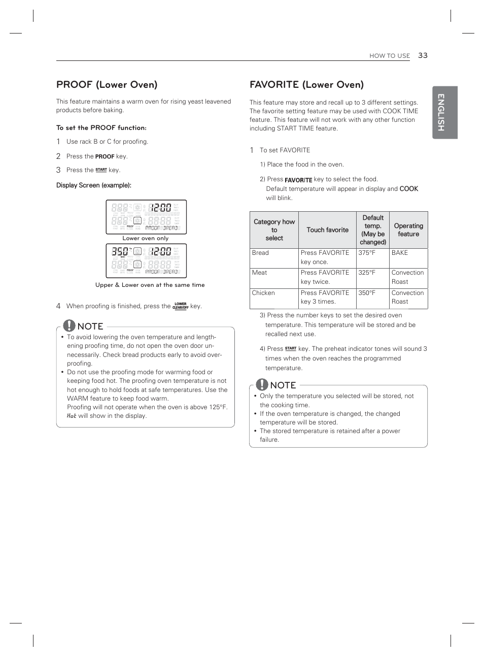 Favorite (lower oven), Proof (lower oven), English | LG LDG3017ST User Manual | Page 34 / 93