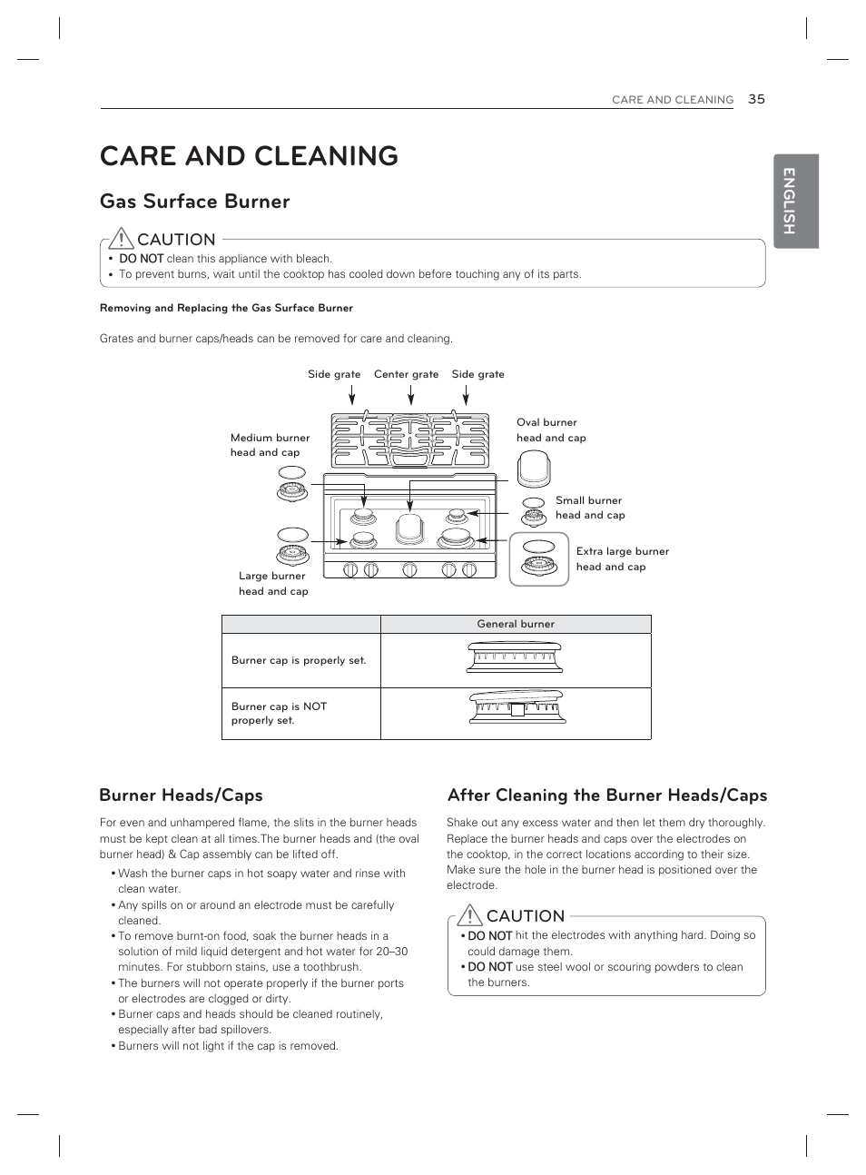 Care and cleaning, Gas surface burner, Burner heads/caps | After cleaning the burner heads/caps, Caution, English | LG LDG3017ST User Manual | Page 36 / 93