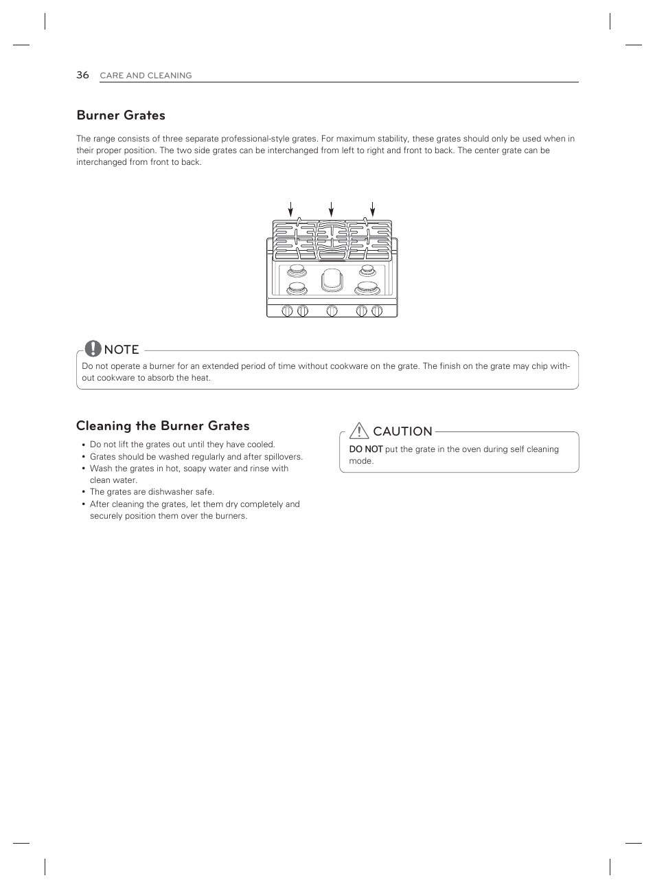 Burner grates, Cleaning the burner grates, Caution | LG LDG3017ST User Manual | Page 37 / 93