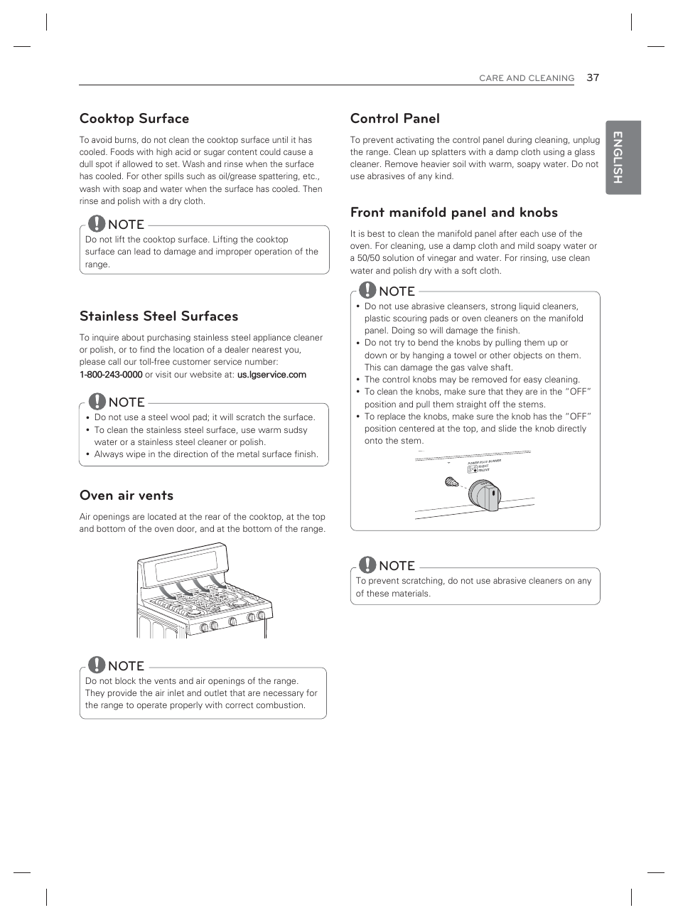 Cooktop surface, Stainless steel surfaces, Oven air vents | Control panel, Front manifold panel and knobs | LG LDG3017ST User Manual | Page 38 / 93