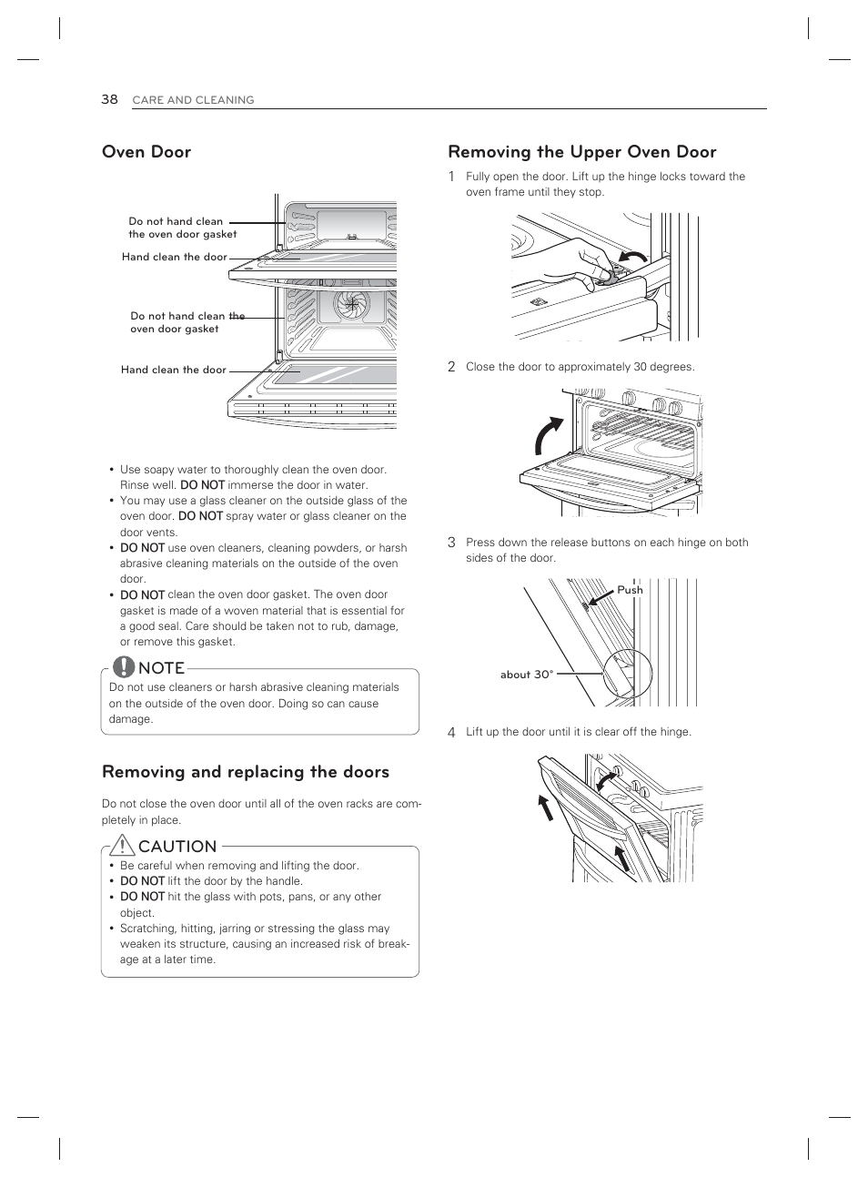 Oven door, Removing and replacing the doors, Removing the upper oven door | Caution | LG LDG3017ST User Manual | Page 39 / 93