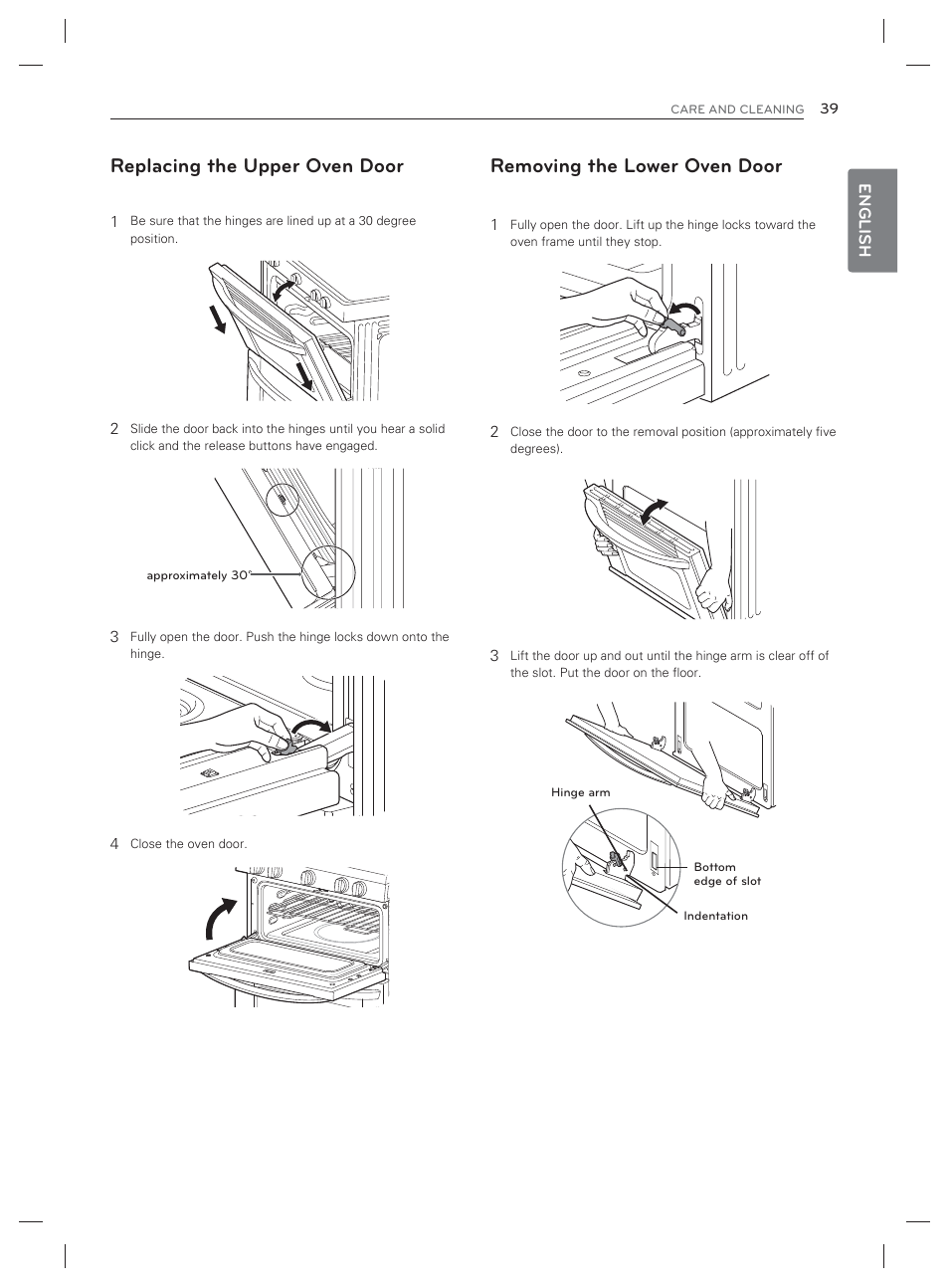 Replacing the upper oven door, Removing the lower oven door | LG LDG3017ST User Manual | Page 40 / 93
