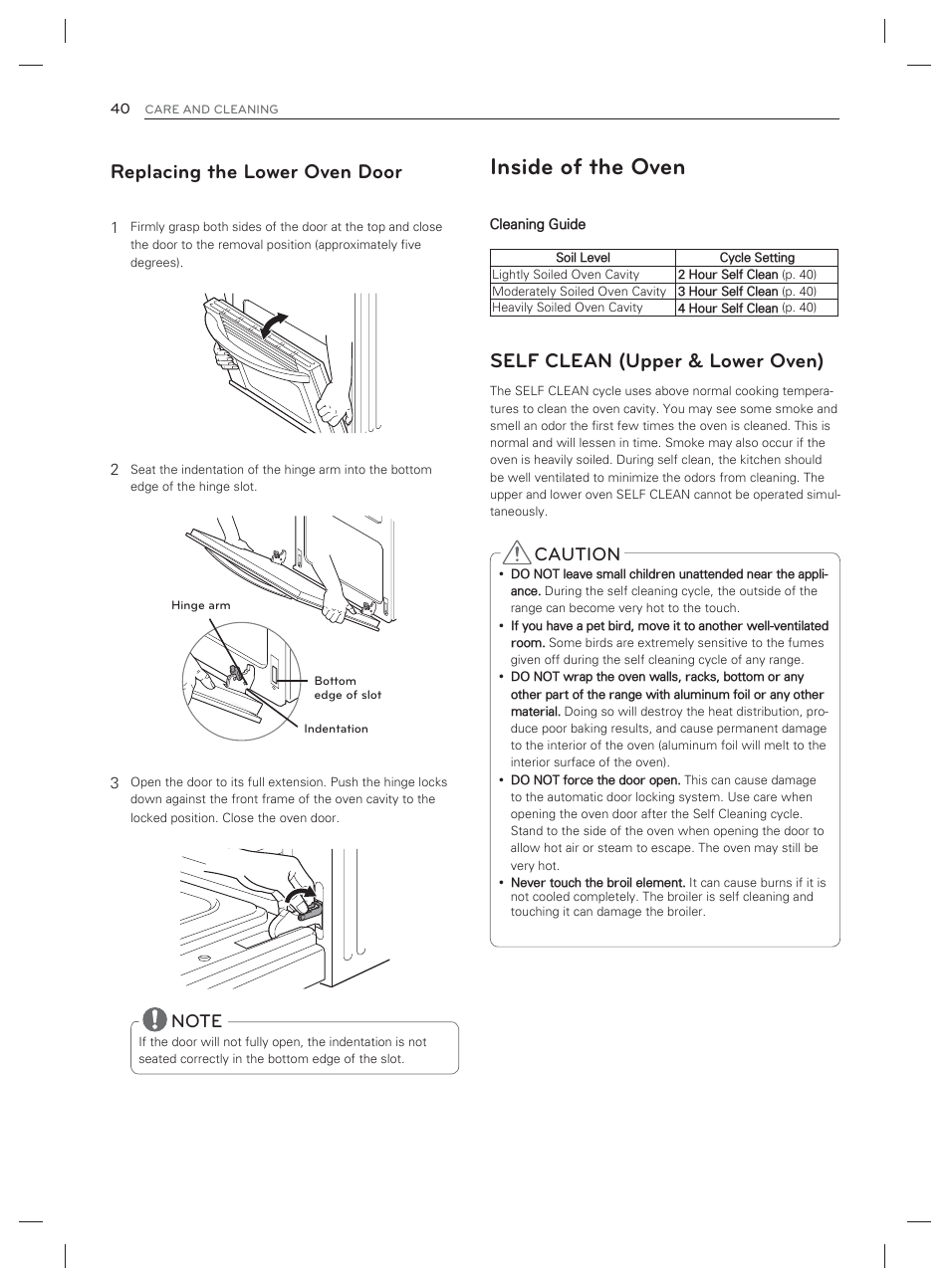 Inside of the oven, Replacing the lower oven door, Self clean (upper & lower oven) | Caution | LG LDG3017ST User Manual | Page 41 / 93