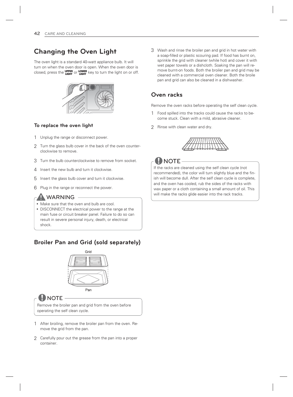 Changing the oven light, Broiler pan and grid (sold separately), Oven racks | Warning | LG LDG3017ST User Manual | Page 43 / 93