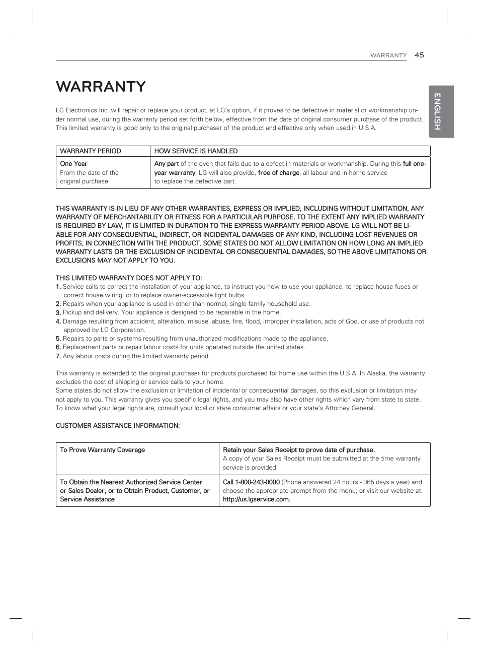 Warranty, English | LG LDG3017ST User Manual | Page 46 / 93