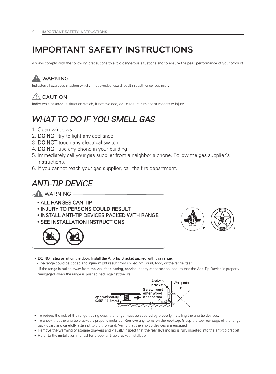 Important safety instructions, What to do if you smell gas, Anti-tip device | Warning, Caution | LG LDG3017ST User Manual | Page 5 / 93