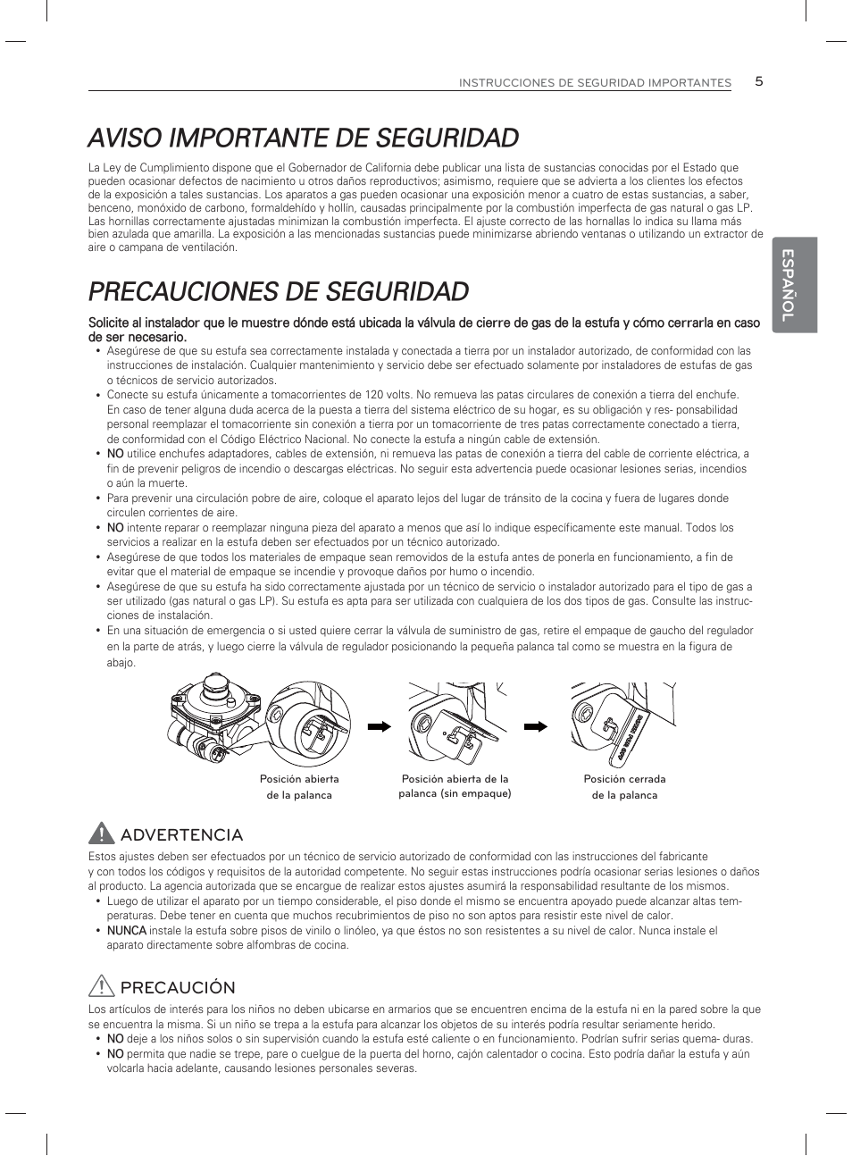 Aviso importante de seguridad, Precauciones de seguridad, Advertencia | Precaución, Esp añol | LG LDG3017ST User Manual | Page 52 / 93