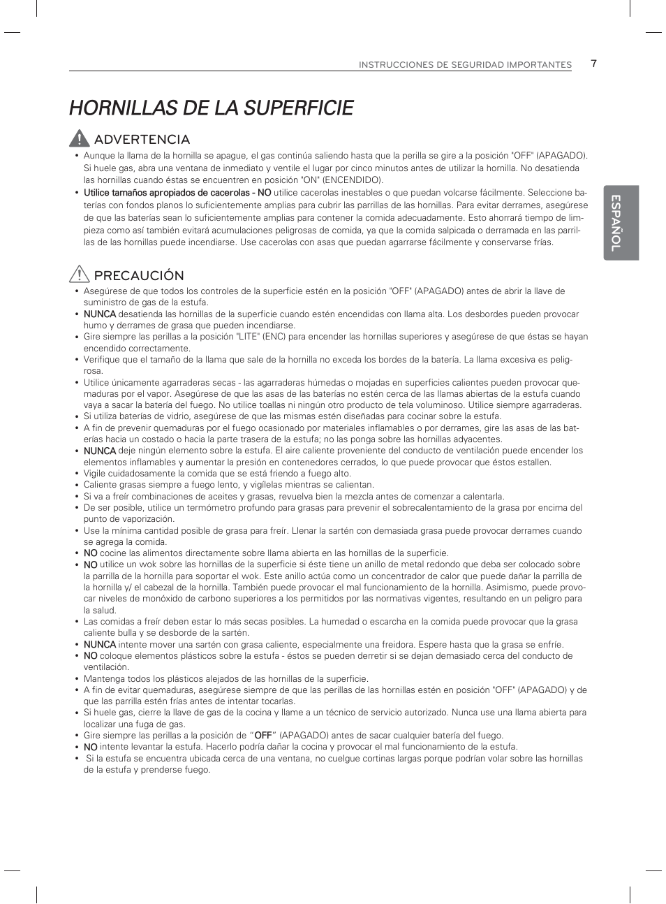 Hornillas de la superficie, Advertencia, Precaución | Esp añol | LG LDG3017ST User Manual | Page 54 / 93