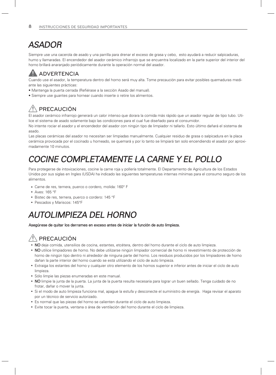 Asador, Cocine completamente la carne y el pollo, Autolimpieza del horno | Advertencia, Precaución | LG LDG3017ST User Manual | Page 55 / 93