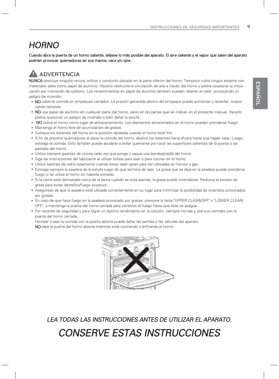 Conserve estas instrucciones, Horno, Advertencia | Esp añol | LG LDG3017ST User Manual | Page 56 / 93