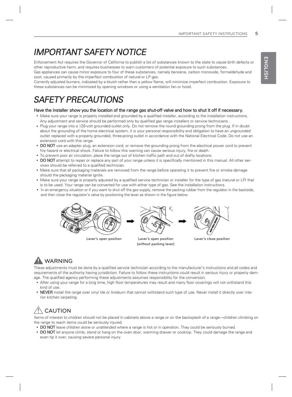 Important safety notice, Safety precautions, Warning | Caution, English | LG LDG3017ST User Manual | Page 6 / 93